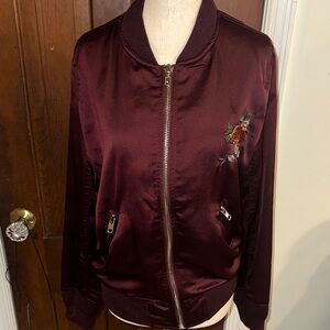 Women's Burgundy Bomber Jacket with Embroidered Flowers
